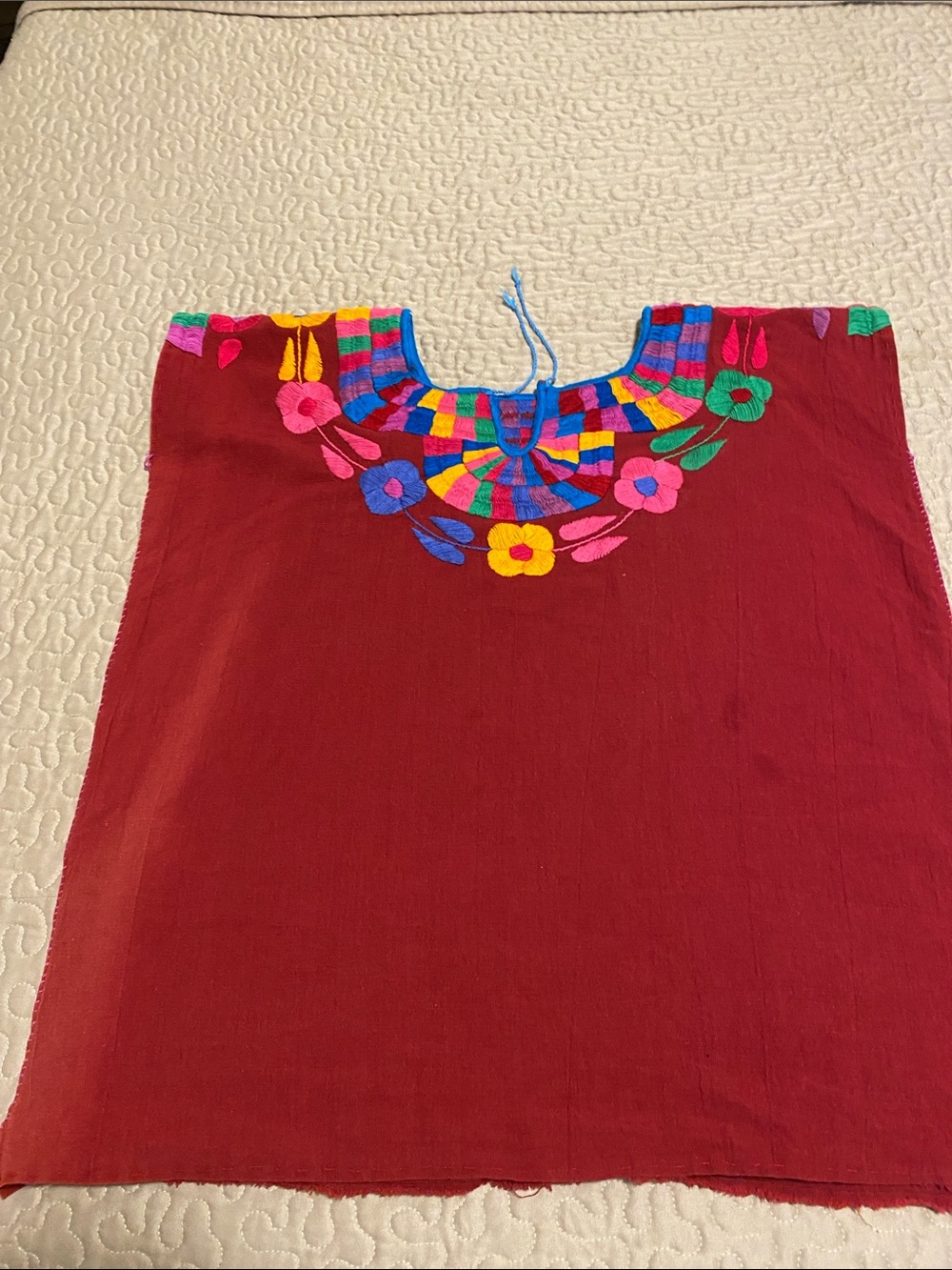 Hand-Embroidered Mexican Blouse in Deep Red with Colorful Floral .